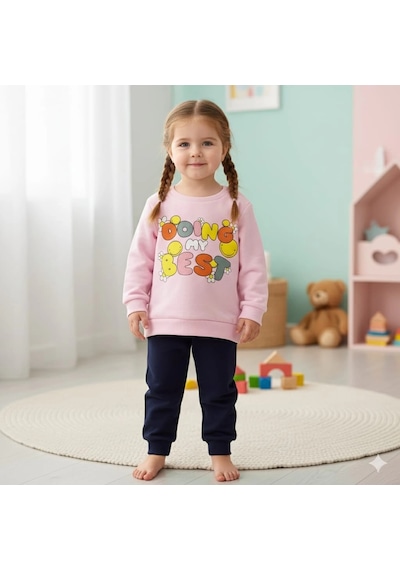 Poppy Trend Kız Bebek Baskılı Çıt Çıtlı Alt Üst İkili Gündelik Takım Pembe