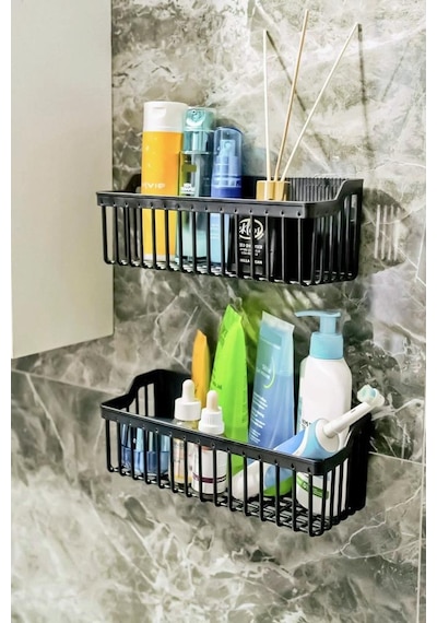 Yapışkanlı Plastik Banyo Rafı İkili Banyo Düzenleyici Duş Rafı Organizer Şampuanlık Siyah
