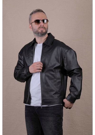 Ohepmoda Oversize Rahat Kalıp Düz Erkek Deri Ceket Siyah