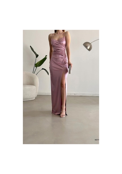 DefyModa Kadın Şık Model Saten Kumaş V Yaka Yırtmaçlı Askılı Abiye Elbise Gülkurusu