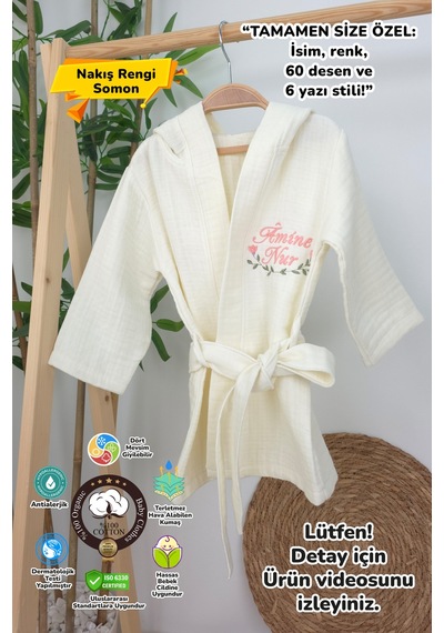 Gros Shop Müslin Yeni Doğan 4katlı Organik %100pamuk Kişiye Özgü Nakışlı Hastane Çıkış Seti Çiçek Model-2 Ekru-7