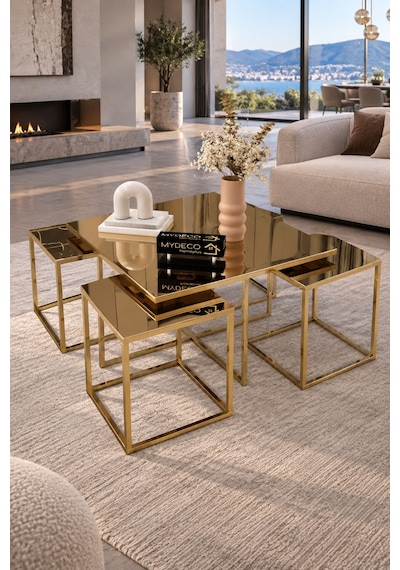 Berlin 5 Parça Gold Zigon Sehpa Takımı Orta Sehpa Yan Sehpa Bronz Aynalı Kurulu Hediye 75x75