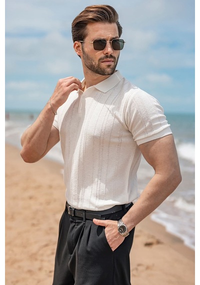 Madmext Ekru Çizgili Polo Yaka Triko Erkek Tişört E7504