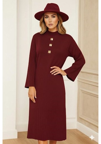 Onno Style Women Triko 3 Düğme Elbise Bordo