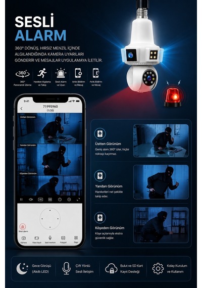 3 Kameralı Duy İle Çalışan 360 Dönebilir Geniş Açı Hareketi Bildiren Ampul Kamera