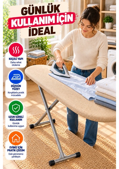 Bej Ütü Masası Kılıfı 50x130 Cm Keçeli Bağcıklı Ütü Bezi Örtüsü Pratik Kullanım Yedek Kılıf Gri Renk