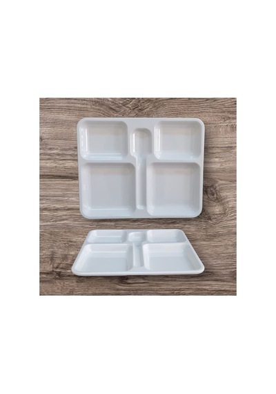 12 Adet %100 Kırılmaz Melamin 5 Bölmeli Tabldot Yemek Servis Tabağı - 34x28 Cm Beyaz Beyaz