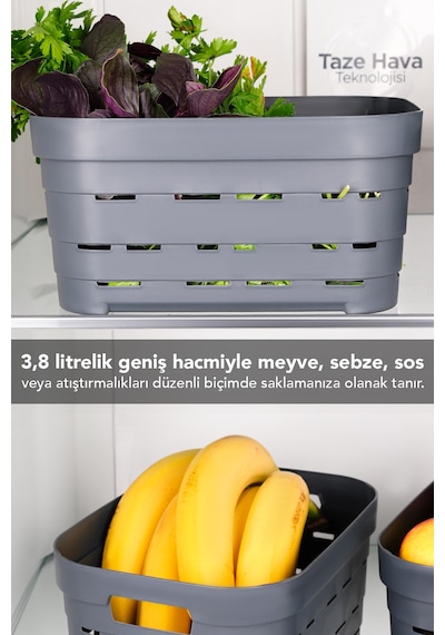 4 Adet 3,8 Lt Delikli Buzdolabı Düzenleyici - Mutfak Banyo Çok Amaçlı Dolap İçi Organizer Antrasit Antrasit