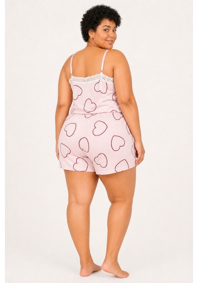 Bravie Kadın Büyük Beden İp Askılı Yakası Dantelli Kalpli Pembe Yazlık Pijama Takımı