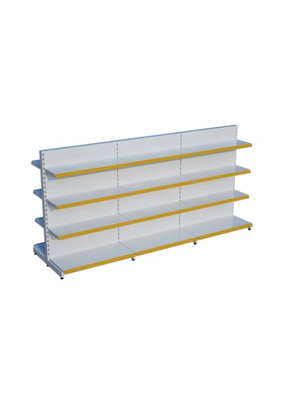 Beyaz Metal Çift Yönlü Orta Reyon 4 Katlı 3'li Birleşik Market Raf Sistemi Market Rafı G270cm Yükseklik H140 Cm Sarı