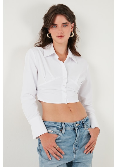 Lela Fitted Fit Pamuklu Korse Detaylı Uzun Kollu Crop Bayan Gömlek 611Go00376 Beyaz