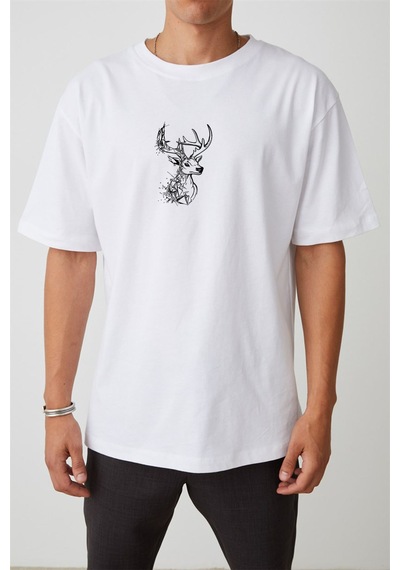 Thewert Unisex Geyik Baskılı Beyaz Oversize Tshirt