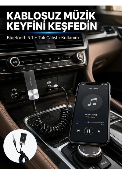 Usb Aux Bluetooth Adaptörü Kablosuz Ses Aktarım Cihazı Siyah