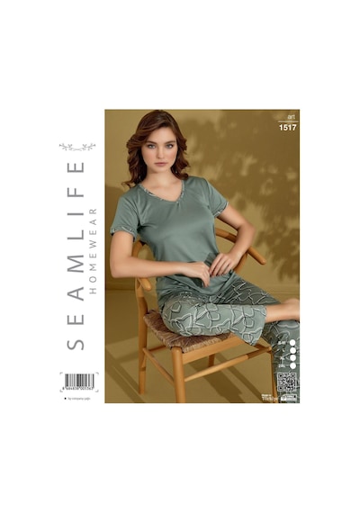 Seamlife Kadın Extra Yumuşak %100 Pamuk V Yaka Milan Kısa Kollu Pijama Takımı Yeşil