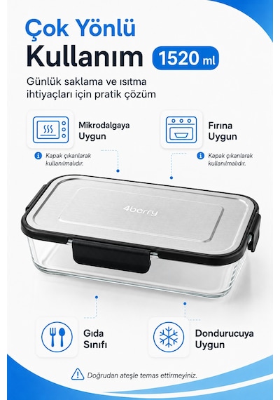 1520 Ml Kilitli Cam Saklama Kabı İnoks Kapaklı Yemek Ve Kahvaltılık Kabı Şeffaf