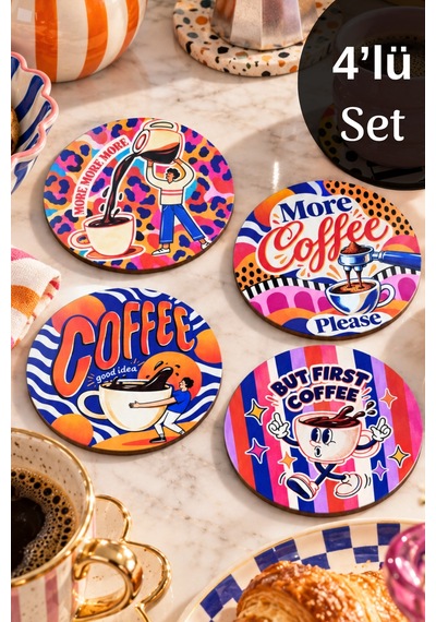 More Coffee Please, Kahve Temalı 4 Lü Bardak Altlığı Set 9 Cm, 3 Mm Ahşap Mdf, Dijital Baskı - 930345164 Diğer