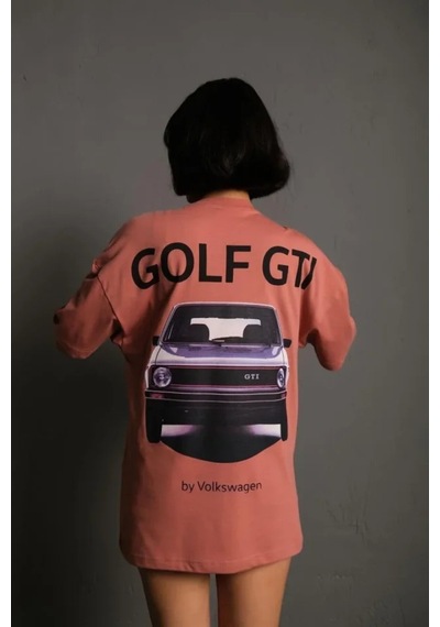 Butik İstanbul Oversize Baskılı Tişört Golf Gtı Retro Araba Desenli, Ön - Arka Dijital Baskı, Sokak Modası Stil- Gül Kurusu