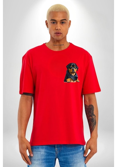 Mafya Rottweiler Kırmızı Oversize Unisex Ön Ve Sırt Baskılı Tişört Kırmızı