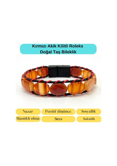 Sertifikalı Kırmızı Akik Kilit Kapama Roleks Doğal Taş Deri Bileklik Kırmızı