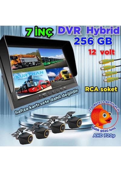 4 Adet 4x3 Cm. Ahd 720p 170 Derece Balık Gözü Lens Kamera 7 İnç 256 Gb Qled Dvr Monitör Seti 12 V