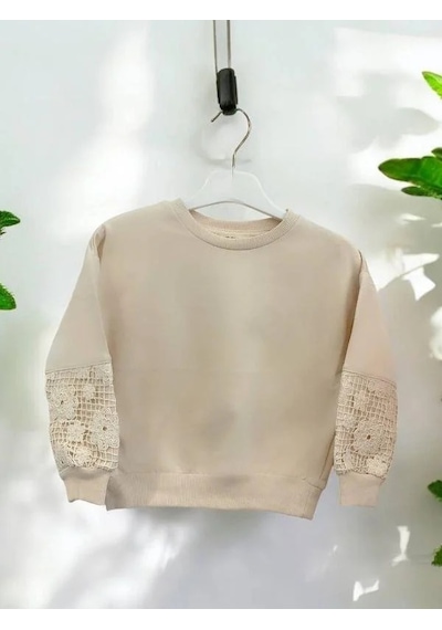 Kız Çocuk Pamuklu İki İplik Kolları Güpür Yuvarlak Yaka Sweatshirt-14464 Bej