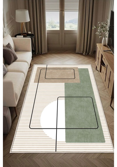 STY Home Krem Dijital Baskı Halı Kaymaz Tabanlı Yıkanabilir Halı Yolluk Salon Halısı130