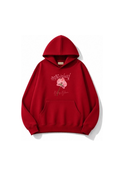 Herkesemoda Pembe Çiçek Baskılı Kapüşonlu 2 İplik Şardonlu Sweatshirt Kırmızı