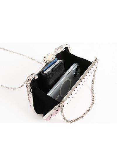 Lebibe Shoes Polkıa Pembe Saten Kumaş Puantiye Desenli Zincir Askılı Klips Kapamalı Clutch Çanta