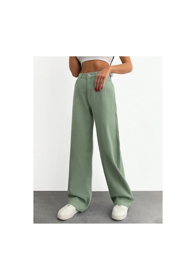 Kene Jeans Yüksek Bel Su Yeşili Keten Bol Paça Tam Kalıp Pantolon Yeşil