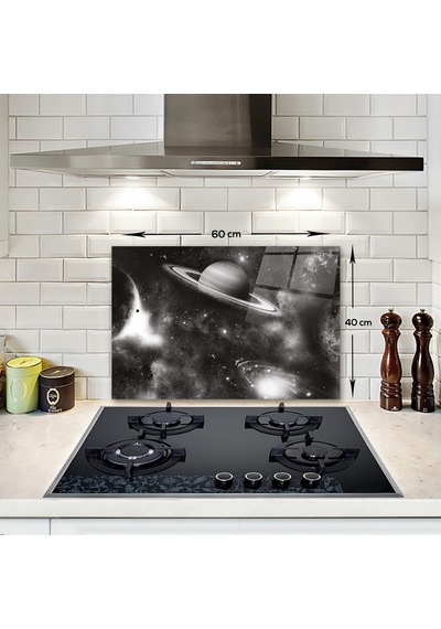 Decorita Cam Ocak Arkası Koruyucu Galaksi Desen Siyah - Beyaz Fon 40 x 60 CM
