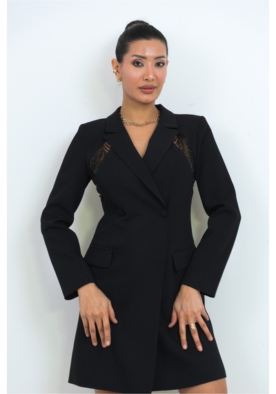 Dorne Moda Özel Koleksiyon Sırt Dantel Detaylı Blazer Mini Elbise - Düğün - Mezuniyet - Ofis Şıklığı Siyah Siyah