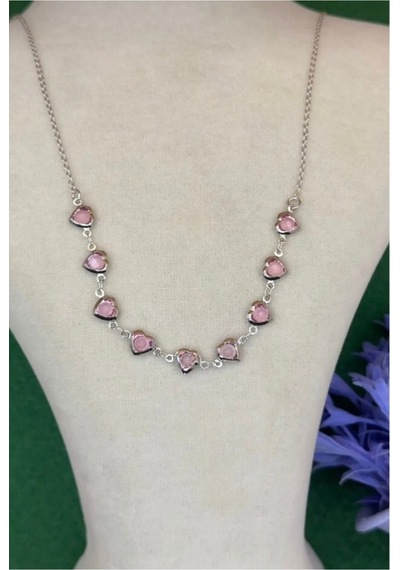 Kadın Gümüş Renk Kalpli Zirkon Taşlı Şık Tasarım Kolye 45 Cm Pembe