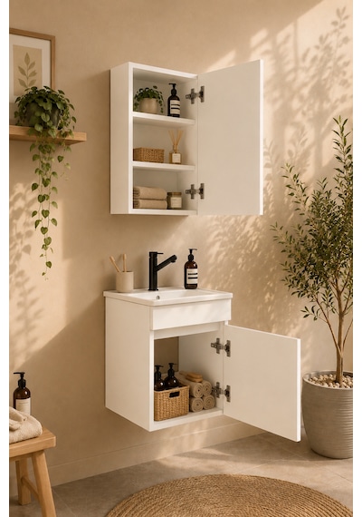 Şefaatli 45 Cm Mdf Seramik Meşe Lavabolu Aynalı Banyo Dolabı Beyaz