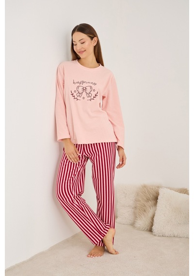 Siyah İnci Polar Kışlık Waffle Örme Kumaşlı Pijama Takım 25222082 Somon