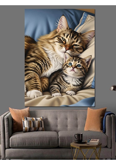 Ahşap Tablo Uyuyan Sevimli Kedi Dostlar