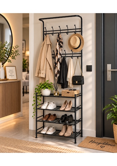 Siyah Alüminyum Vestiyer Askılık 3 Katlı Ayakkabılık Çok Amaçlı Portmanto 68x34,5x186 Cm