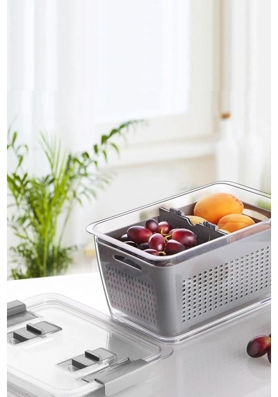 Gri 4'lü 2,5 Litre Süzgeçli Bölmeli Organizer Buzdolabı Hava Geçirmez Saklama Kabı Genel