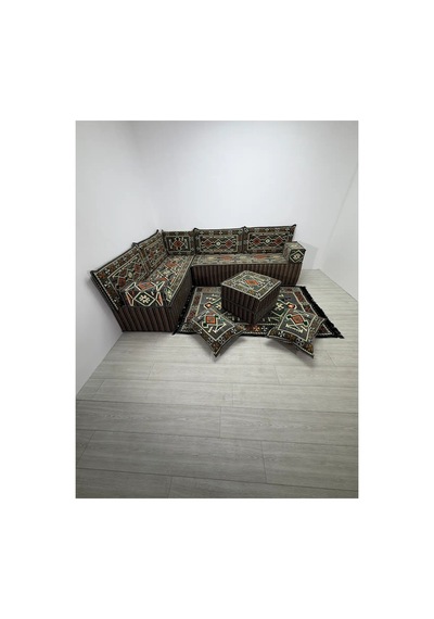 40 Cm Kalın Süngerli Gri Anadolu Motifli Şark Köşesi - Kilim Desenli L Yer Minderi Ve Halı Seti