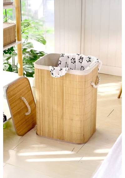 Katlanabilir Bambu Çamaşır Kirli Sepeti 41x31x50 Bej