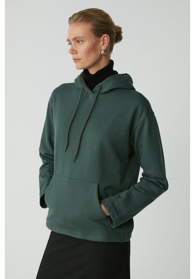 Ethıquet Pıper Kadın Içi Polarlı Yumuşacık Comfort Fit Kapüşonlu Kanguru Cepli Yeşil Sweatshirt