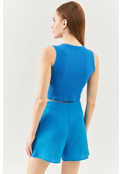 Butikgiz Kadın Sıfır Kol Bisiklet Yaka Vücuda Oturan %100 Pamuklu Kaşkorse Esnek Crop Bluz Parlament/indigo