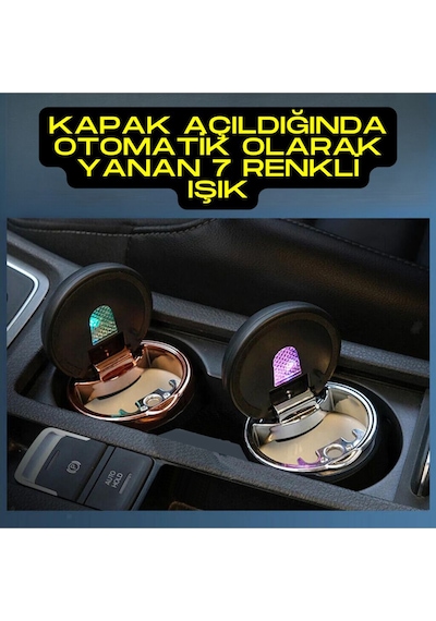 Araç İçi Işıklı Porselen Küllük Silver Krom Renk Kapaklı 7 Renk Işıklı Yanmaz Koku Geçirmez