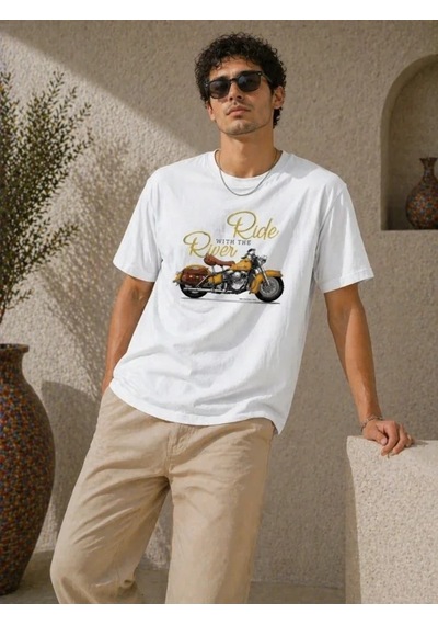 Defymoda Erkek Motosiklet Baskılı Tişört Bisiklet Yaka Kısa Kol Yazlık T-shirt - Beyaz