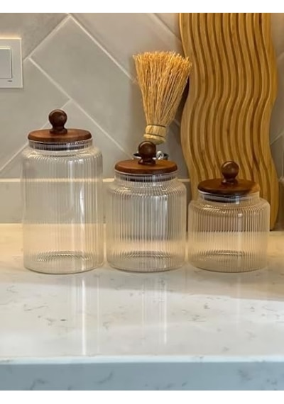 3&apos Lü Üçlü Lüks Çizgi Cam Desenli Top Kulplu Akasya Vakum Kapaklı Baharat Takım