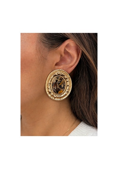 Leora Leopar Desenli Gold Renk Vintage Premium Oval Çerçeveli Altın Kadın Küpe Seti