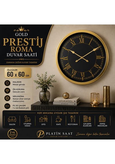 Gold Prestij Roma 60 X 60 Cm Metal Duvar Saati