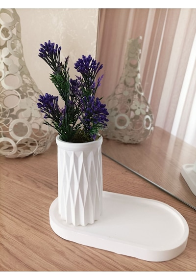 Mini Desenli Beton Saksı Tekli Ve Oval Tabak - Yapay Çiçek Hediyeli - Mor Tomurcuk