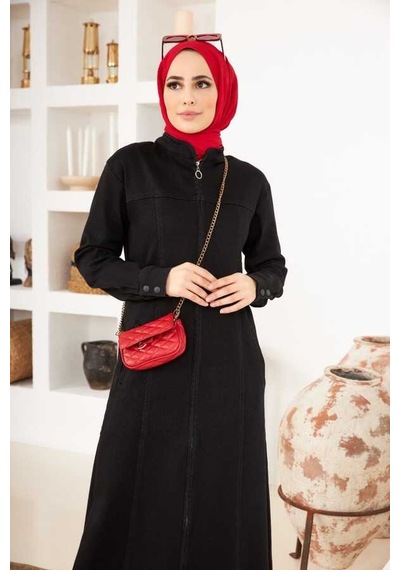Neways 6579-denim Fermuarlı Ferace Siyah Siyah