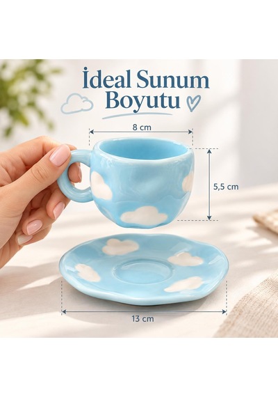 Valkyrie Bulut Desenli Pastel Mavi Kahve Fincanı Ve Tabağı Seti Seramik Şık Tasarım