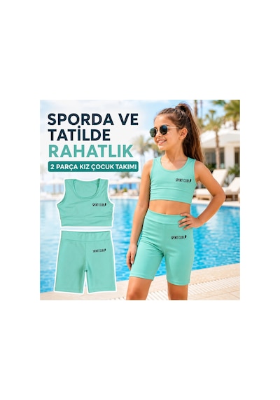 Rony Pony Kids Kız Çocuk Mint Yeşili Crop Üst Ve Uzun Şortlu Mayo Takımı - 2 Parça Yeşil